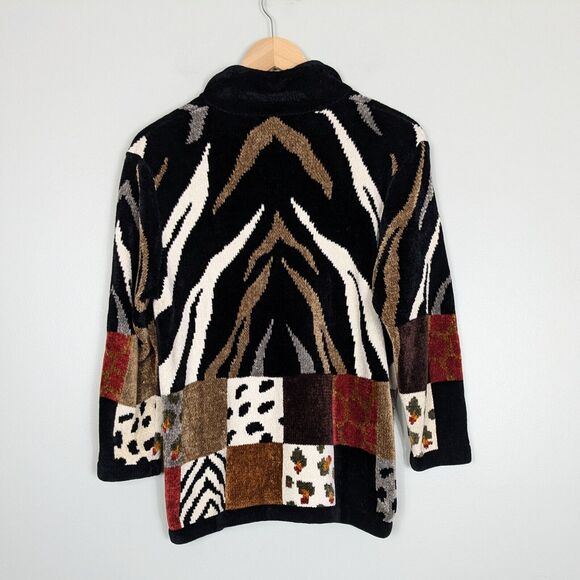 Vintage Cache Cardigan Sweater Full Zip Animal Print Velour Mob Wife Black Tan M - Picture 5 of 12